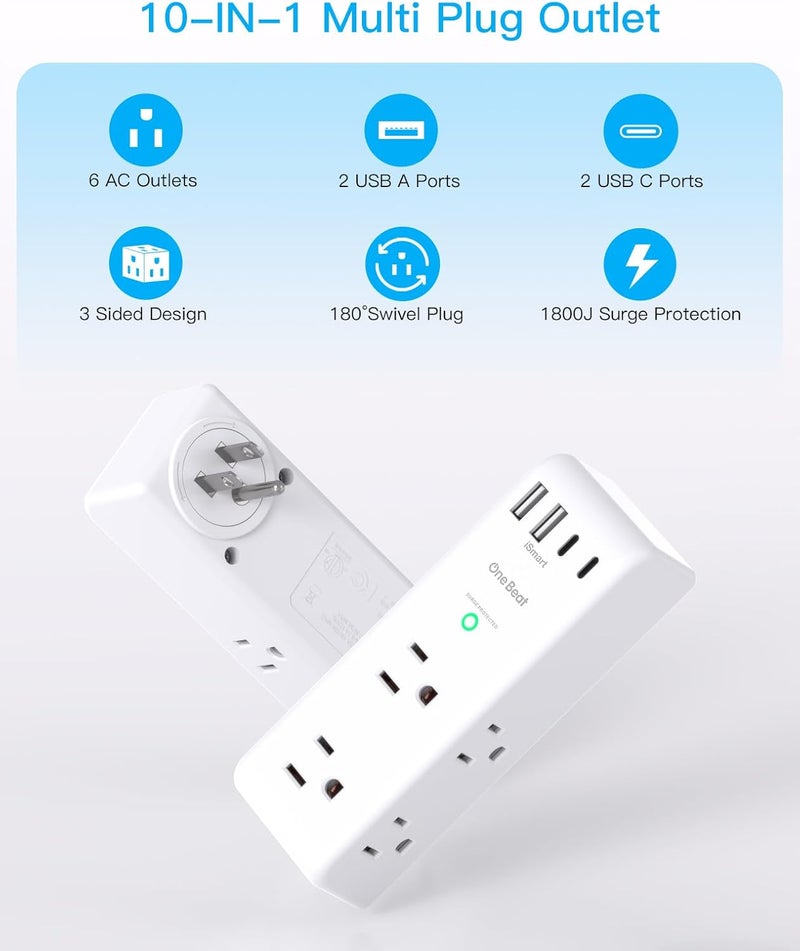 One Beat Surge Protector Outlet Extender - with Rotating Plug, 6 AC Multi Plug Outlet with 4 USB Ports (2 USB C), 1800J Wall Charger, 3-Sided Power Strip with Spaced Outlet Splitter for Home, Office, Travel - Image 3